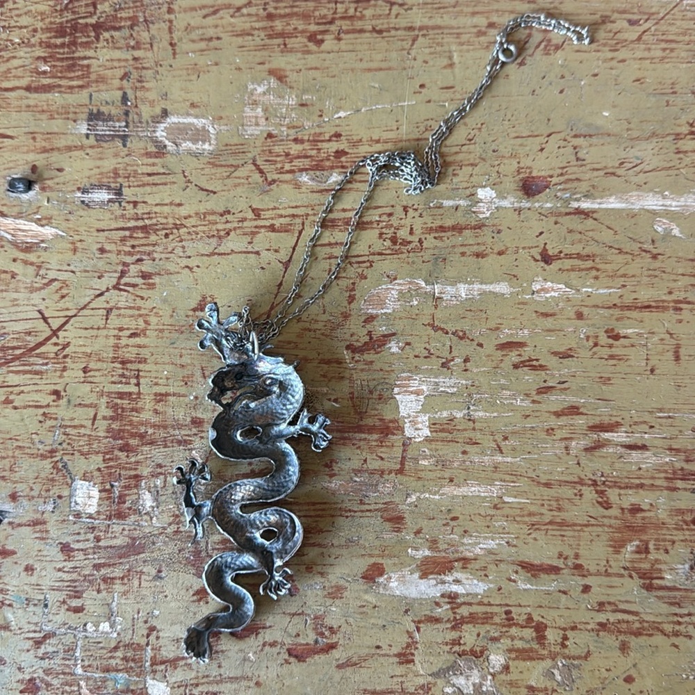 Asian Silver Dragon Pendant Necklace - Picture 2 of 4